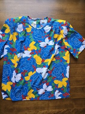 Josephine Bright Floral Blouse Size 10 Retro Bold Print Short Sleeve Top